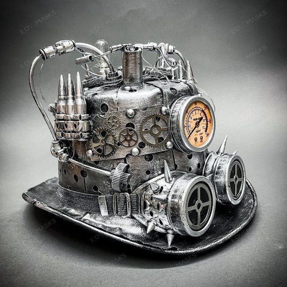 Steampunk Mad Scientist Time Traveler Top Hat - Antique Silver - Picture 2 of 5